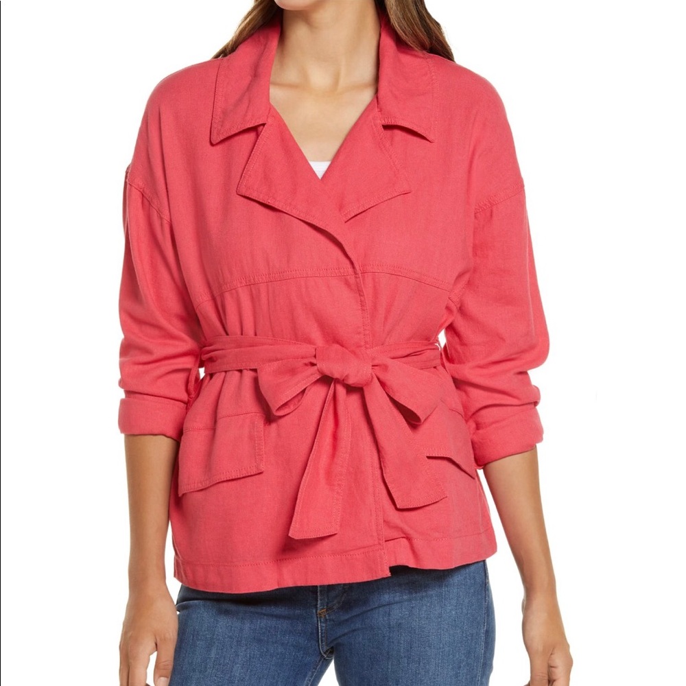 Calson Belted Linen Collar Jacket Red Coral